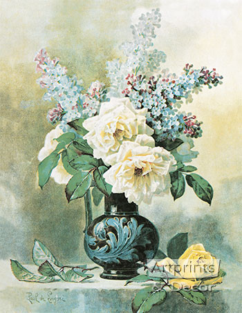 Art Print of Vintage Art Yellow Roses with Lilacs by Raoul de Longpre