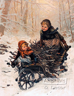 Bringing Home the Christmas Firewood, Framed Art Print by E. Blume ...