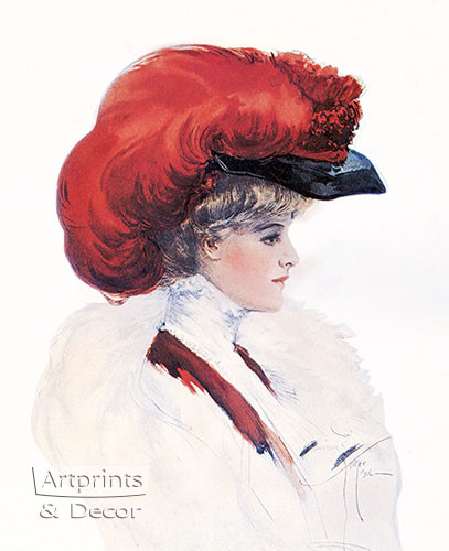 Lady with Red Plumed Hat by Harrison Fisher – Framed Art Print