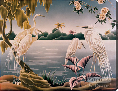 Four White Herons - Stretched Canvas Print