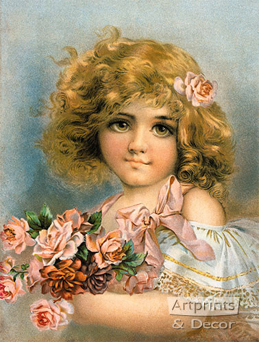 Little Girl with Pink Roses - Art Print