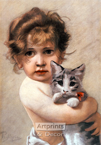 Little Girl Holding Kitty by Piglhein - Framed Art Print