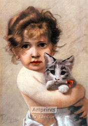 Little Girl Holding Kitty by Piglhein - Art Print