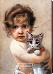Little Girl Holding Kitty by Piglhein - Stretched Canvas Art Print