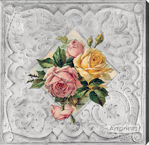 Pink & Yellow Roses Tin Ceiling Tile by Paul de Longpre - Stretched Canvas Art Print
