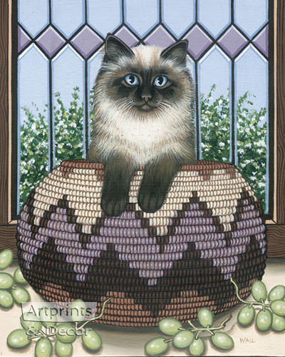 Cat in a Basket by Wall - Art Print