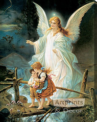 Guardian Angel by Lindberg Heilige Schutzengel - Stretched Canvas Art Print