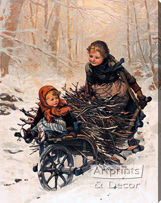 Bringing Home the Christmas Firewood by E. Blume Siebert - Stretched Canvas Art Print