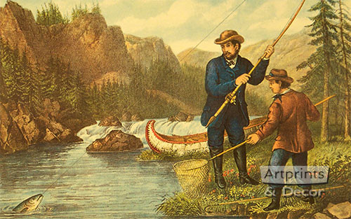 Salmon Fishing, Art Print by Currier & Ives at