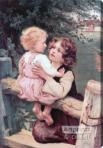 Young Siblings at the Garden Fence, Stretched Canvas Art Print by