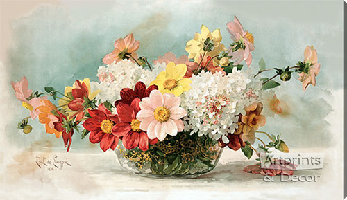 Bowl of Dahlias by Paul de Longpre - Stretched Canvas Art Print