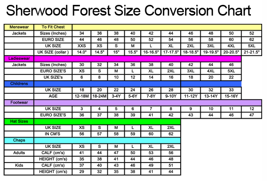 Sherwood Forest Clothing Size Guide | Cherry Tree Country Clothing