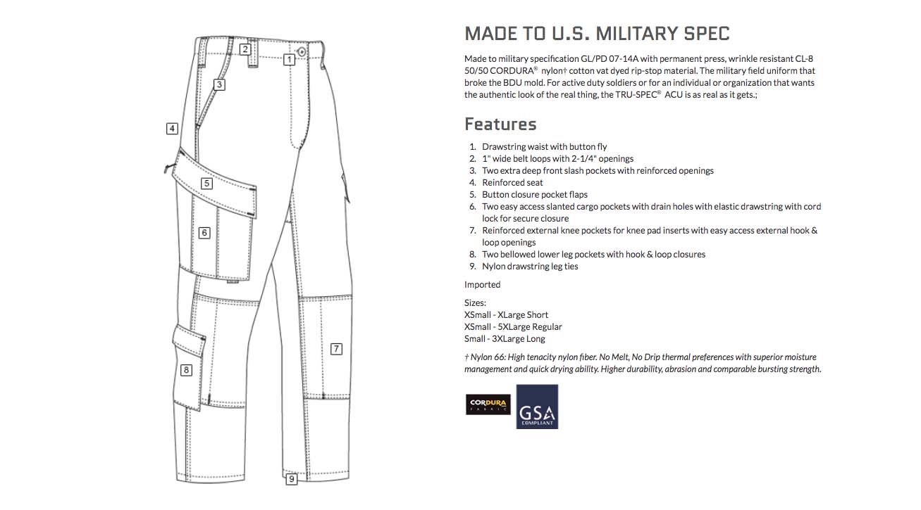 Tru-Spec Army Combat Uniform Tactical Pants, 50% Nylon and 50% Cotton ...