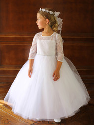 White Lace Tulle Dress For Communion | Tea Length Flower Girl Dress