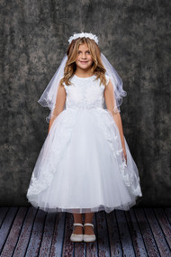 Sleeveless Communion Dress With Lace Applique Bodice