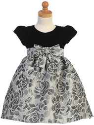 Girls Holiday Dress With Velvet Bodice And Floral Jacquard Skirt