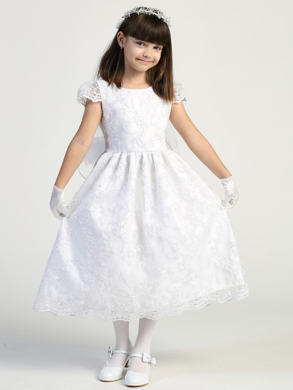 HEVECI White First Holy Communion Dress Tea Length Flower Girl Dresses with Sleeves 7-16 Princess