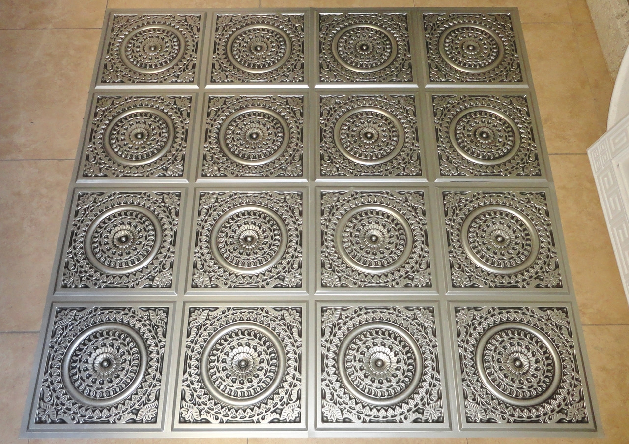 D117 Antique Silver Lot Of 11 Pcs Pvc Glue Up Ceiling Tiles