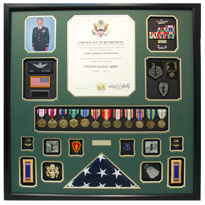 U.S. Army CW4 Retirement Shadow Box Display with Flag