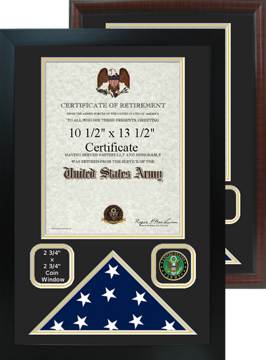 16" x 24" Retirement Certificate Frame w/ Flag Shadow Box and Coin Windows