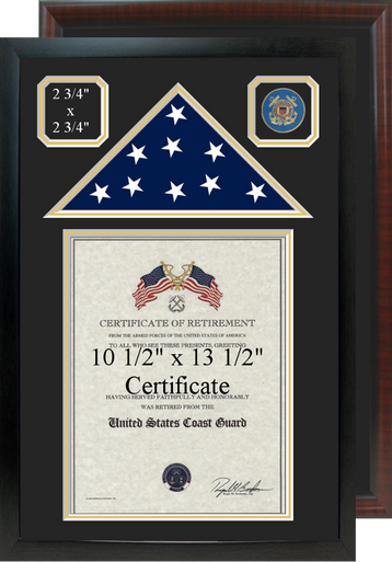 16" x 24" Retirement Certificate Frame w/ Top Flag Shadow Box and Coin Windows
