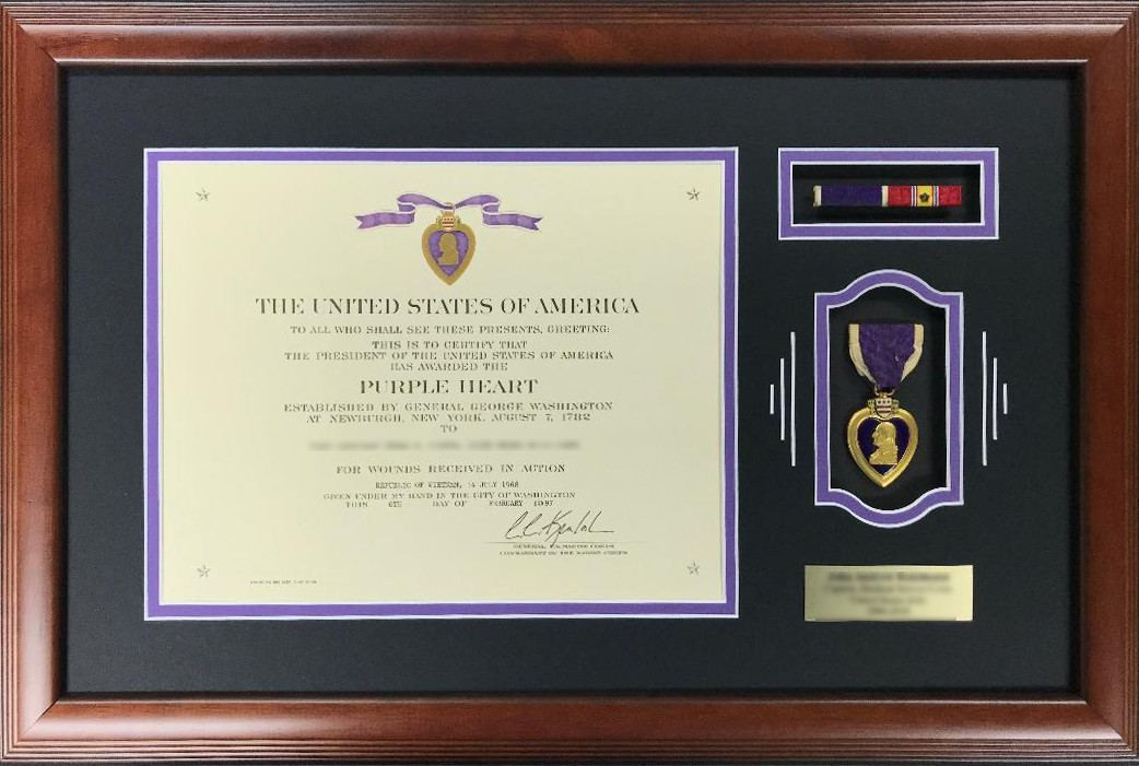 Purple Heart Certificate Frame with ribbons