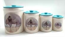 CERAMIC CROCKERY CANISTER SET 4PIECES W LID DESIGN "BUFFALO AND EAGLE"