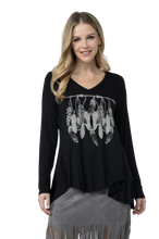 BLACK LONG SLEEVE TRIBAL TOP WITH CRYSTALS & FEATHERS (1XL-3XL)