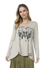 BEIGE LONG SLEEVE TRIBAL TOP WITH CRYSTALS & FEATHERS (1XL-3XL)