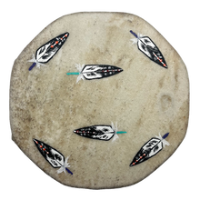 DRUM 8" RAWHIDE HAND PAINTED INDIGENOUS MADE - 6 FEATHERS