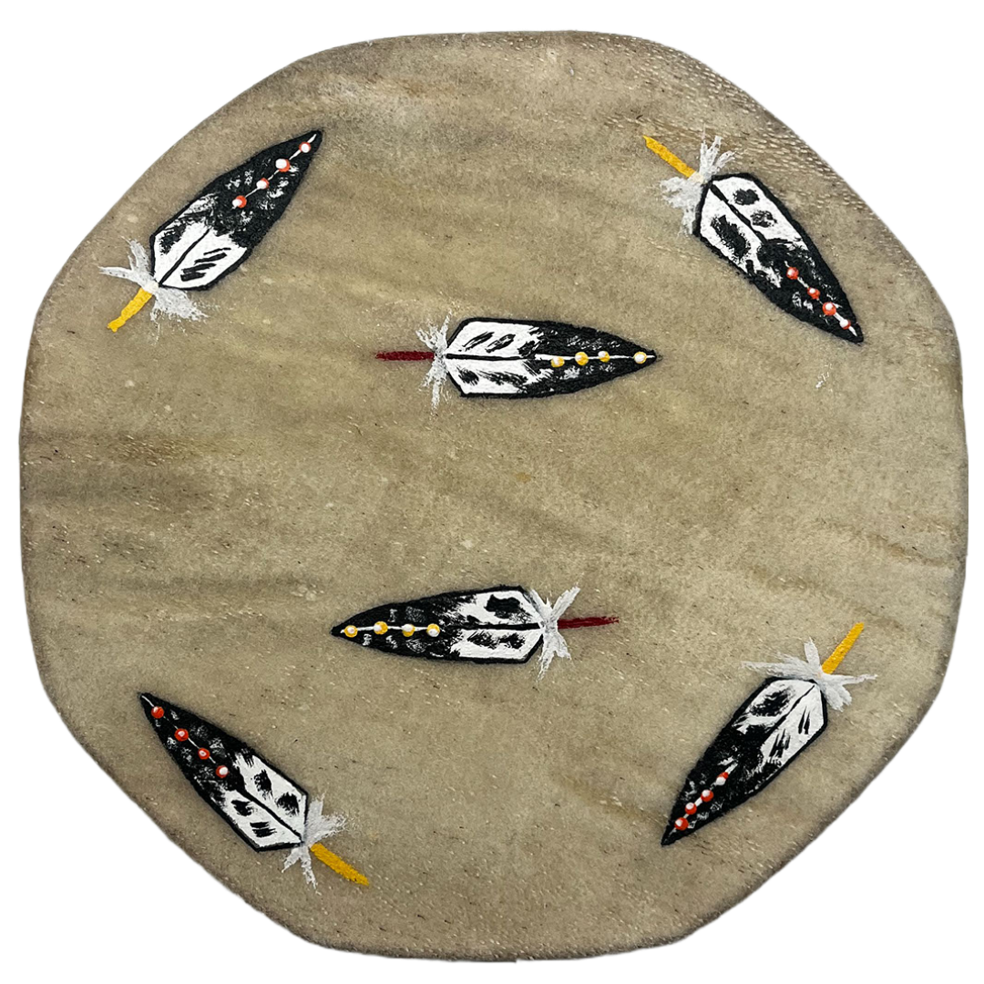DRUM 8" RAWHIDE HAND PAINTED INDIGENOUS MADE 6 FEATHERS Western
