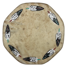 DRUM 8" RAWHIDE HAND PAINTED INDIGENOUS MADE - CIRCLE OF FEATHERS