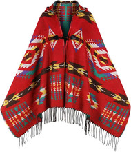 TRIBAL PONCHO RED W HOOD & BUTTONS