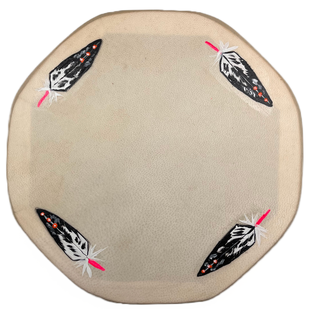 DRUM 8" RAWHIDE HAND PAINTED INDIGENOUS MADE 4 FEATHERS Western