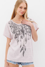 TOP TRIBAL S-XL W FEATHERS POPCORN TEXTURE LIGHT PINK