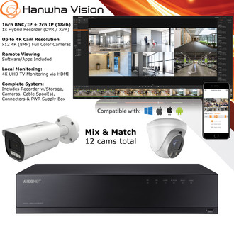 Hanwha 12x 4K Color 24/7 Cams 16ch+ Hybrid CCTV Security Camera System