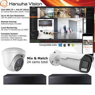 Hanwha 24x 4K Color 24/7 Cams 32ch+ Hybrid CCTV Security Camera System