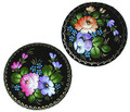 Assorted shapes: round, oval, heart, and rectangular. Each brooch is a handpainted original design so details and colors will vary. Standard designs are black with multi-colored flowers.