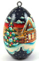 Hand painted on wood, this  ornament has accents of 24 kt gold leaf which shine and sparkle on the depicted Winter Village Scene. This is a beautiful, and sturdy addition to your Christmas tree! Approx 2.2" tall, sizes vary as they are each hand made