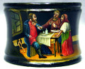 The scene is illuminated with a ground of aluminum powder under the oil painting. Traditional papier-mache construction with black lacquer exterior and red lacquer interior.
