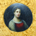 The lacquer medallion is made of papier mache and has a very nice oil painting of a young girl in traditional Russian costume. The painting is illuminated with a ground of aluminum powder.