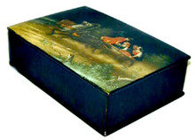 The Box was constructed   using traditional materials and techniques, being papier-mache, lacquer, oil paints, and aluminum powder. The identifying workshop stamp on the bottom is worn away and only residual marks remain.