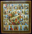 This is a very fine painting with a multitude of figures in rich, vibrant colors. The painting is exemplary of the miniaturization found in both traditional and contemporary Mstiora art. Descriptions of each scene are written in old Cyrillic in the surrounding border.