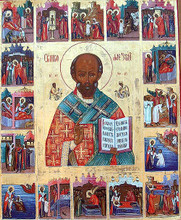 Fine miniaturized detail in each of 16 complex scenes surrounding a central figure of Saint Nicholas set against a gold leaf background. This is a very fine painting with a multitude of figures in rich, vibrant colors. The recessed panel is surrounded by a border containing descriptive titles of each scene in old Cyrillic.