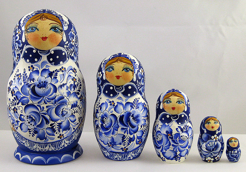 Blue Nesting Doll Matryoshka with Flowers Made in Russia 6" Hand Painted 5 pc 