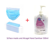 Disposable Face Masks with Earloops (x50) + Alcagel Alcohol Gel Hand Sanitiser 500ml