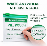 50 x Pill Pouch / Pill Bag with Slider Zip Closure – Write-On Daily AM, Noon, PM Medication Bag – Larger 8 cm x 8 cm Size – Frosted Privacy for Travel, Work & Home
