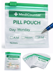 50 x Pill Pouch / Pill Bag with Slider Zip Closure – Write-On Daily AM, Noon, PM Medication Bag – Larger 8 cm x 8 cm Size – Frosted Privacy for Travel, Work & Home