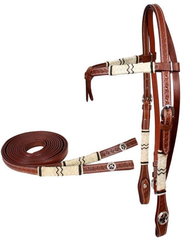 Leather Double Stitched Browband HEADSTALL with SILVER Star Conchos /& 6/' REINS