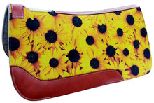 Showman 31" X 32" Sunflower Printed Solid Felt Saddle Pad. This pad features gray felt bottom, sunflower printed top with over sized medium brown wear leathers and a medium brown leather reinforced spine. Pad measures 1" thick.   